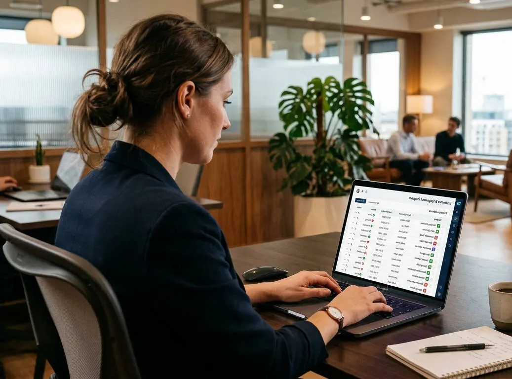 A professional reviewing a customer engagement dashboard on a laptop in a modern office